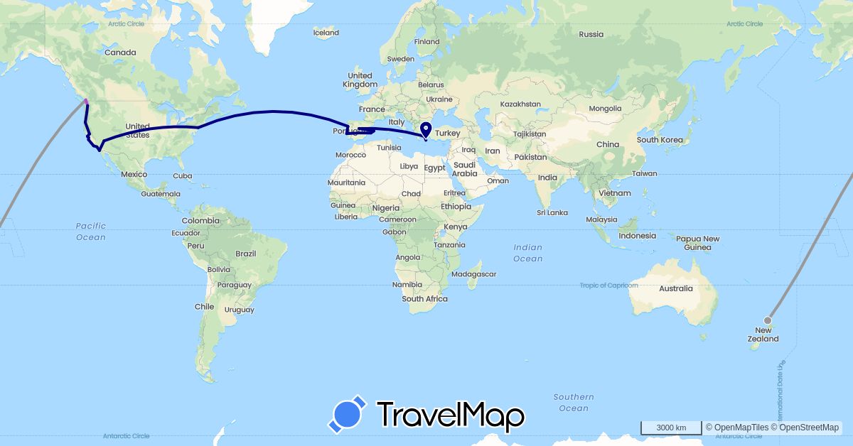 TravelMap itinerary: driving, plane, train in Canada, Spain, Greece, New Zealand, Portugal, United States (Europe, North America, Oceania)